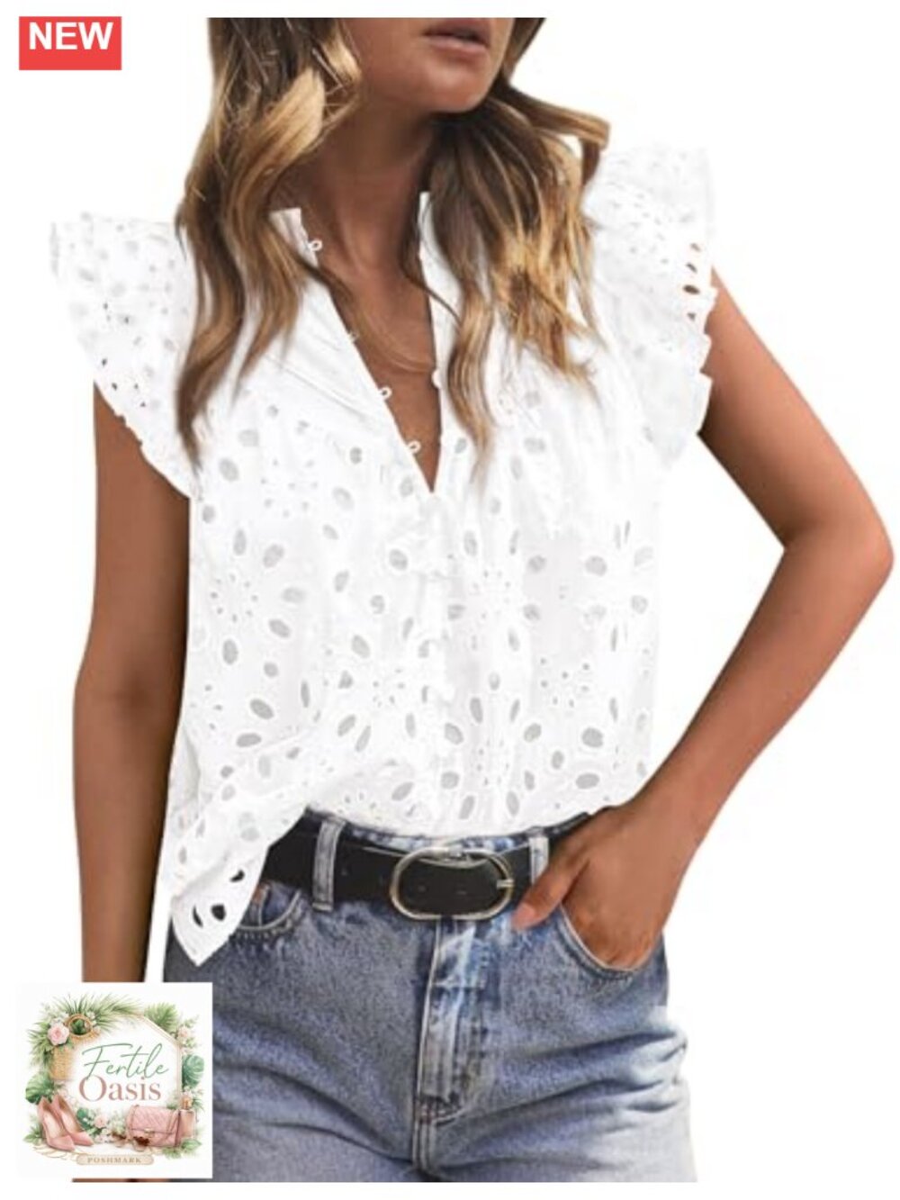 Women's Eyelet V Neck Blouse with Ruffle Sleeves Cotton Summer Top